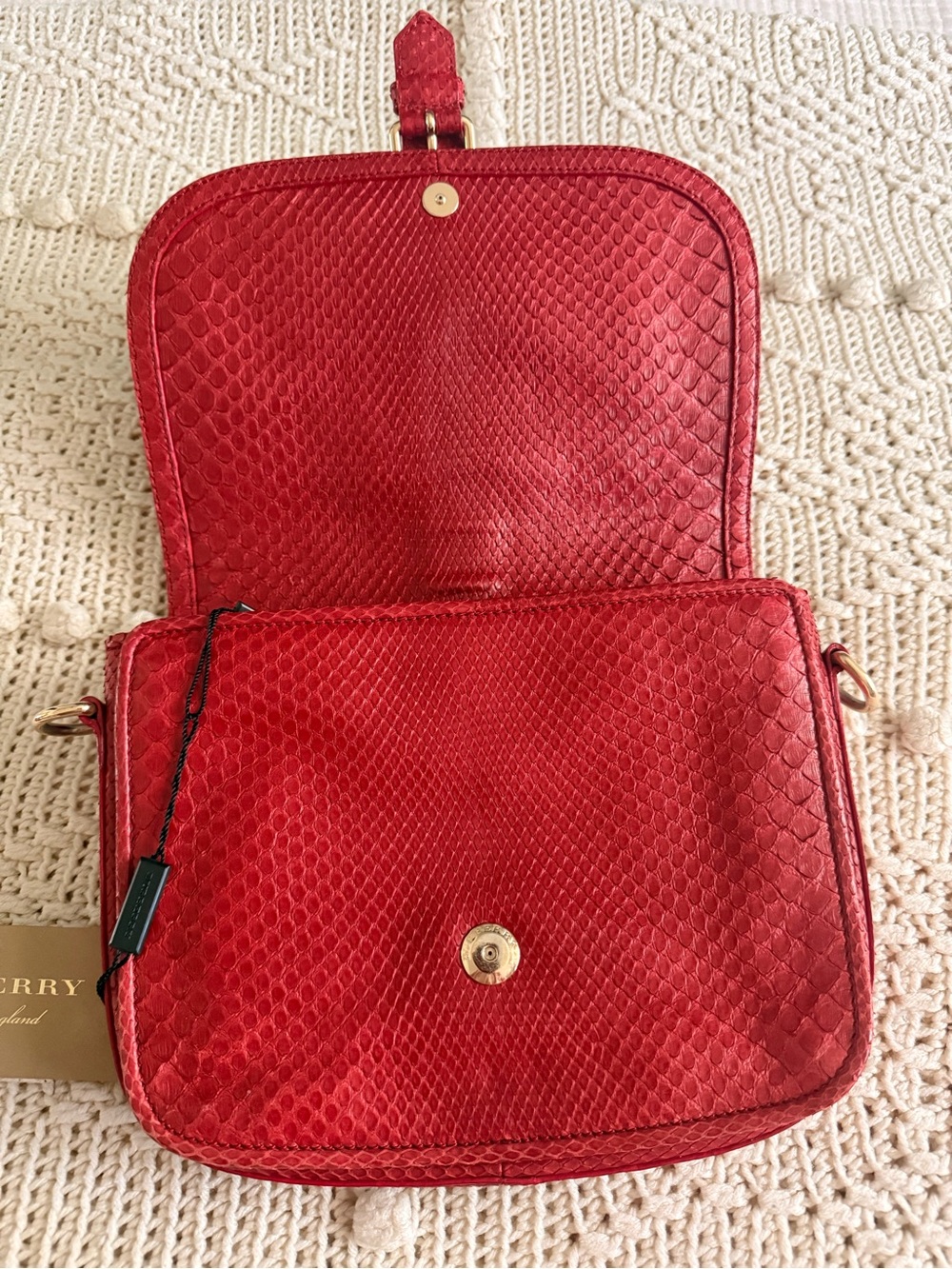 Burberry Red Textured Python-Style Leather Crossbody with Gold Buckle - Picture 2 of 10